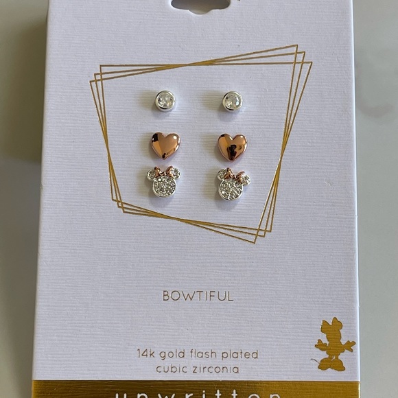 Disney Three Pair Silver Plated Two Tone Rose Gold Heart And Bezel Cubic Zirconi - Picture 5 of 7